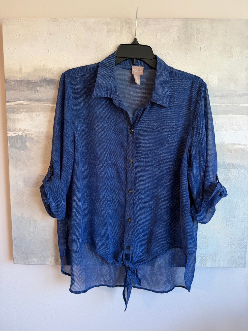 Chico’s Blue Tie Front Button Up Blouse Roll Tab Sleeve Sheer Shirt Size 1 M